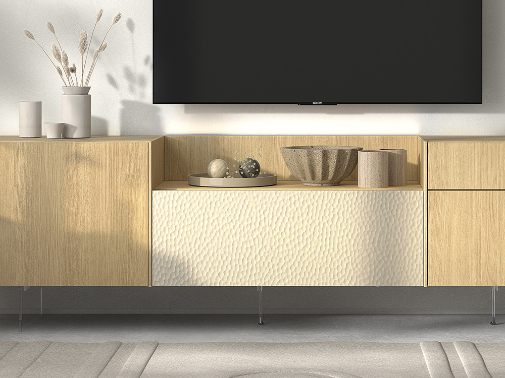 Tu mueble de televisión B022 de Kazzano te espera. Haz tu compra online en Mobel 6000, aligerado con patas de metacrilato.