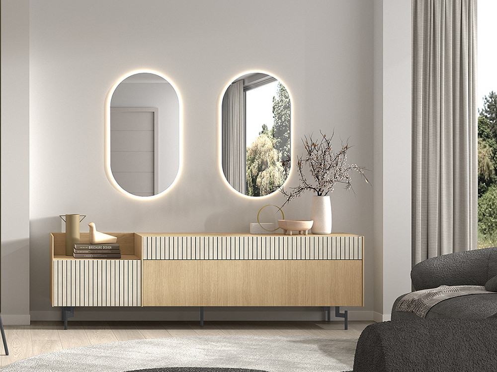 Diseña tu salón con el mueble TV B023 de Kazzano en Mobel 6000 en Madrid, con sus acabados de Roble Tokio y Piedra Caliza.