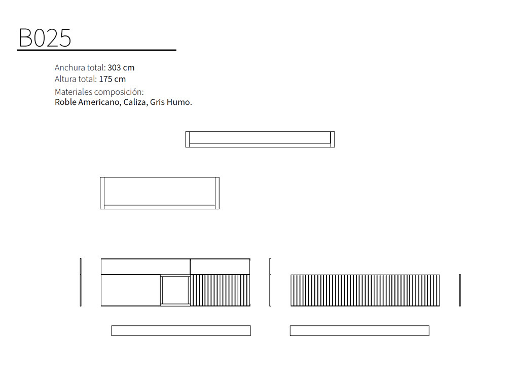 La composición de salón B025 de Kazzano destaca en Seismil Studio, con su diseño moderno en Roble Americano y tono Caliza.