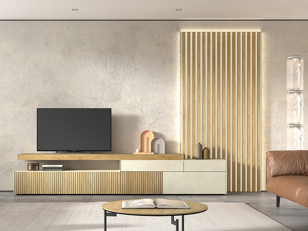 Diseña tu salón con la composición B026 de Kazzano en Mobel 6000 en Madrid, en elegantes acabados Roble Americano y Caliza.
