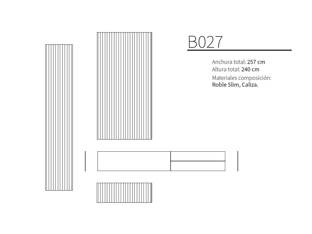 La composición de salón B027 de Kazzano destaca en Seismil Studio, con su elegante combinación Roble Slim y tono Caliza.