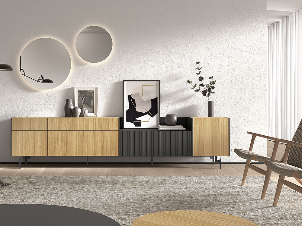 Diseña tu salón con el mueble TV B029 de Kazzano en Mobel 6000 en Madrid, en elegantes acabados Roble Slim y Gris Pizarra.