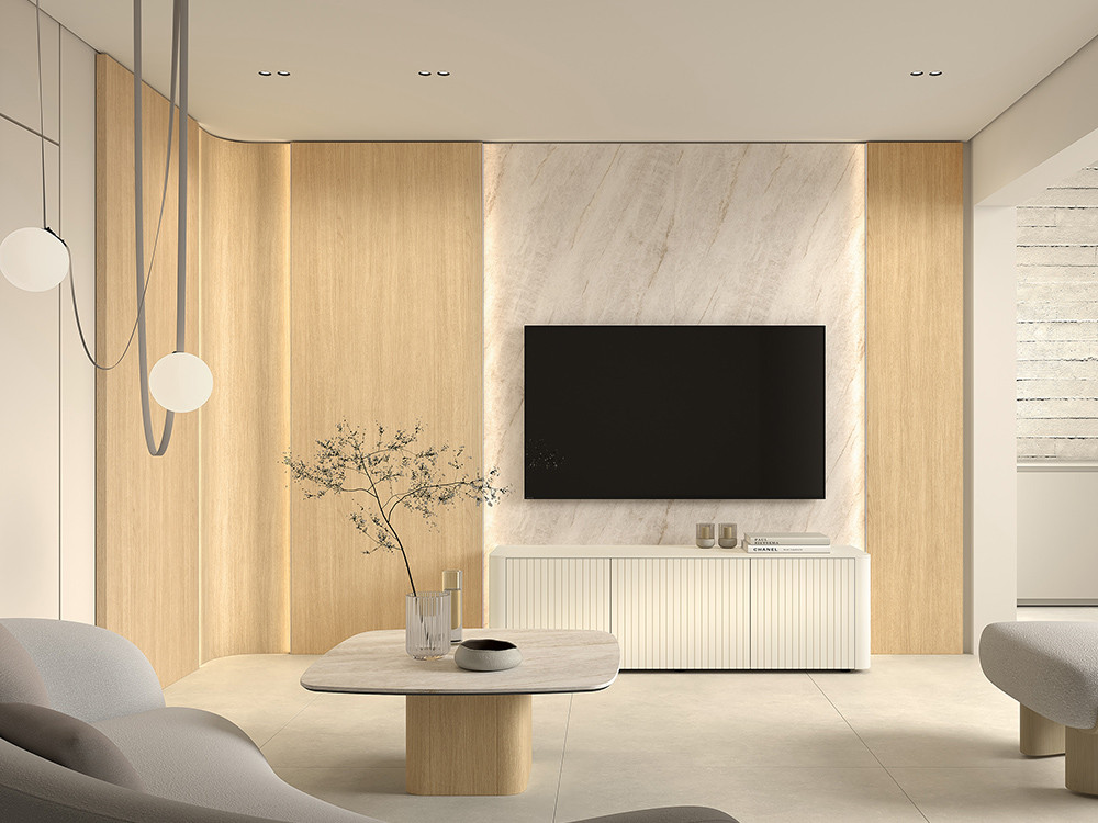 Diseña a medida el mueble TV B040 de kazzano con paneles en dos paredes