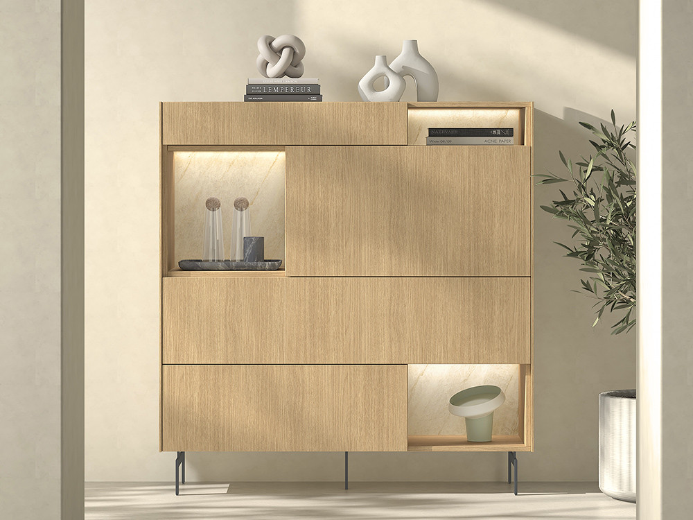 Diseña tu salón con el aparador alto B063 de Kazzano en Mobel 6000 en Madrid, con su mueble bar abatible y trasera espejo.