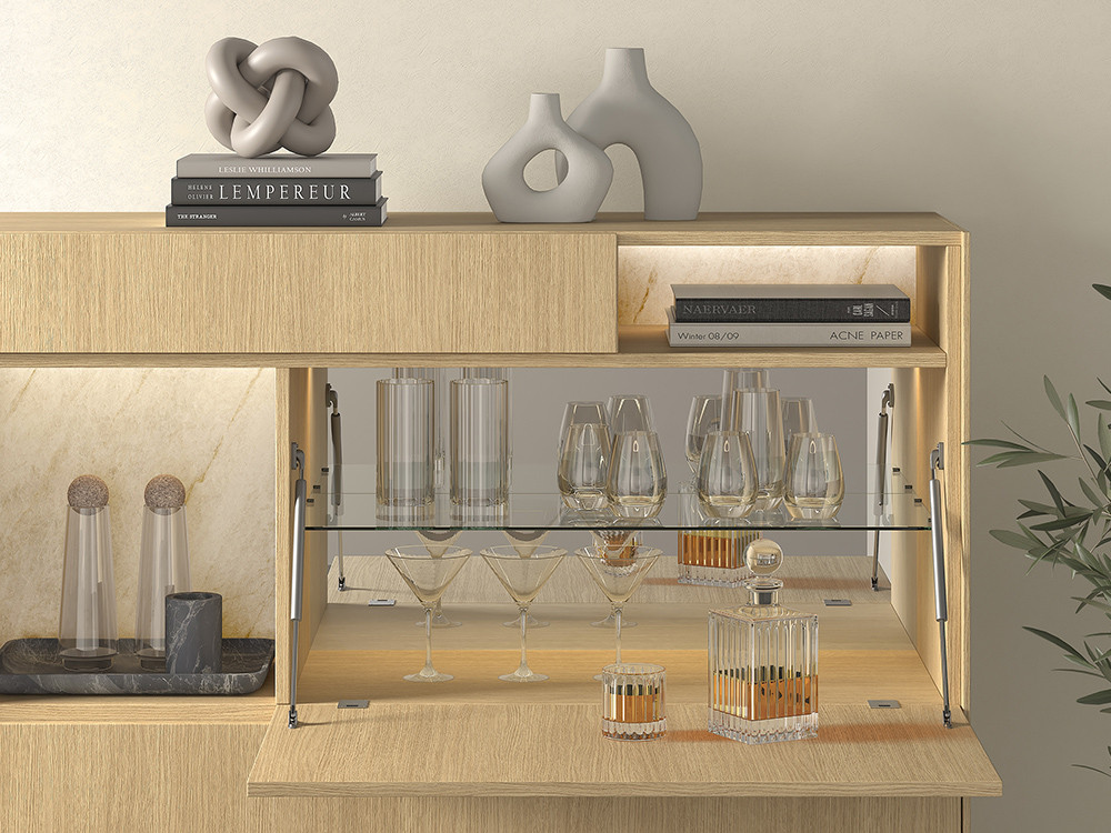 Tu aparador alto B063 de Kazzano te espera. Haz tu compra online en Mobel 6000, con su mueble bar y espejo en la trasera.