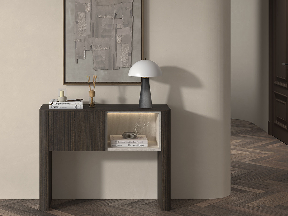 Diseña tu entrada con el mueble recibidor B141 de Kazzano en Mobel 6000 en Madrid, en sus elegantes acabados Roble Coffee.