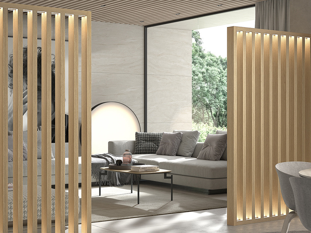 Descubre los acabados disponibles para el separador de ambiente con lamas giratorias 200cm Boll de Kazzano