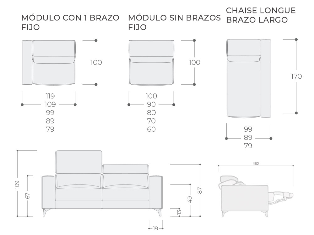Sofá relax o fijo Sigma con Chaiselongue