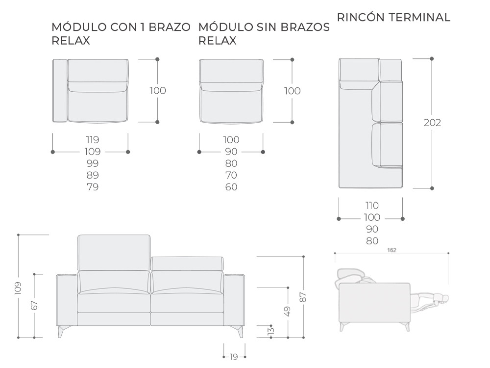 Personaliza tu sofá modular Sigma con rinconera terminal de Temasdos en Mobel 6000 en Madrid, en sus medidas y acabados.