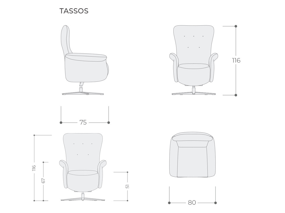 Personaliza tu sillón relax giratorio Tassos de Temasdos en Mobel 6000 en Madrid, eligiendo entre sus finos textiles.