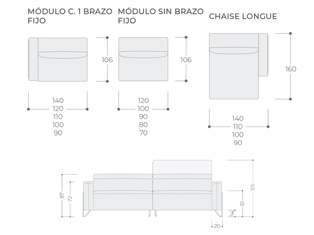 Tu sofá Zenith con chaiselongue fija y dos módulos fijos o relax te espera en Mobel 6000, en textil o piel seleccionados.