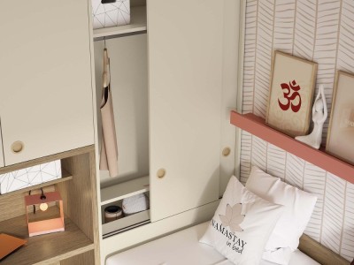 En Seismil Studio destaca la cama compacta Up de Ros con cuatro cajones y arrastre, idónea para equipar el Delulu Neo 06.