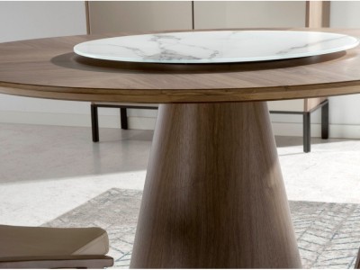 Mesa de comedor redonda de madera chapa nogal con centro giratorio BRT1702-2 Ángel Cerdá