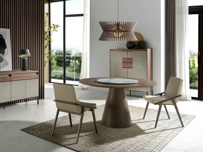 Mesa de comedor redonda de madera chapa nogal con centro giratorio porcelánico 1016 de Ángel Cerdá