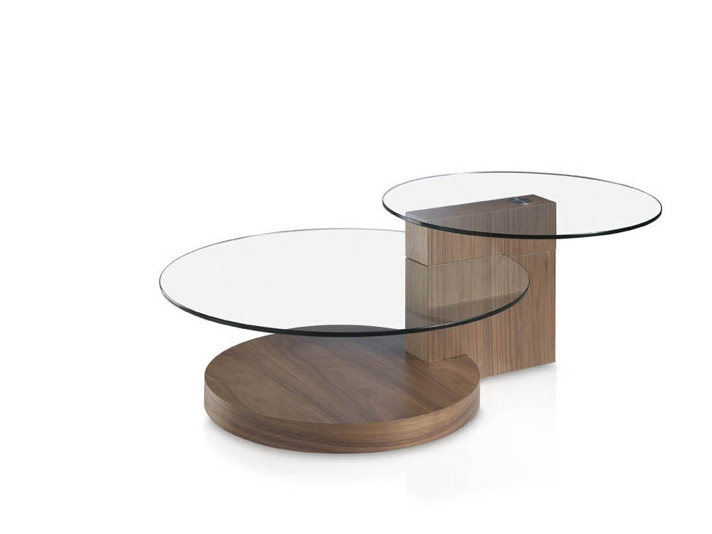 Mesa de centro redonda a dos alturas chapada en nogal Ángel Cerdá 2019 en Mobel 6000