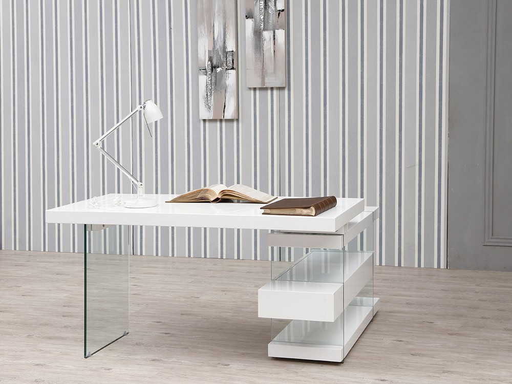 Escritorio de dm lacado en blanco brillo con laterales de cristal templado 3002 de Ángel Cerdá en Mobel 6000