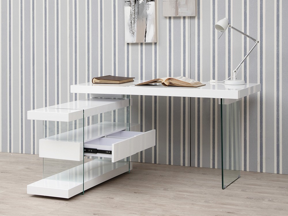 Escritorio de dm lacado en blanco brillo con laterales de cristal templado 3002 de Ángel Cerdá en Mobel 6000