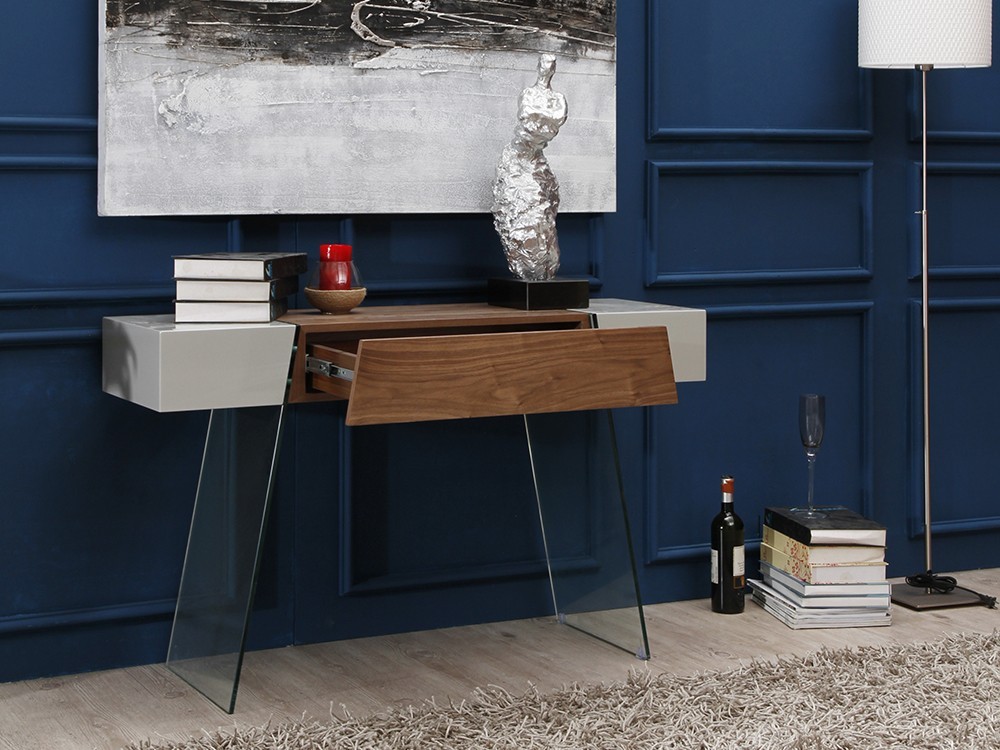 Consola con pies de cristal templado y sobre con chapa nogal y laca gris perla 3029 de Ángel Cerdá en Mobel 6000