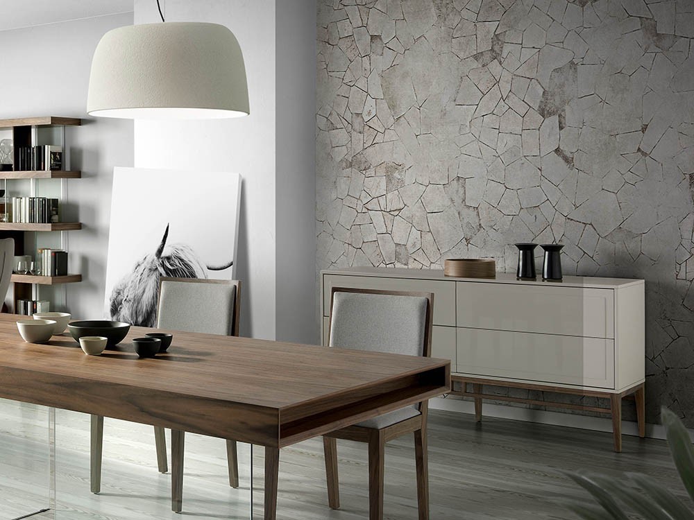 Aparador lacado en color niebla brillo con estructura chapada en nogal 3074 de Ángel Cerdá