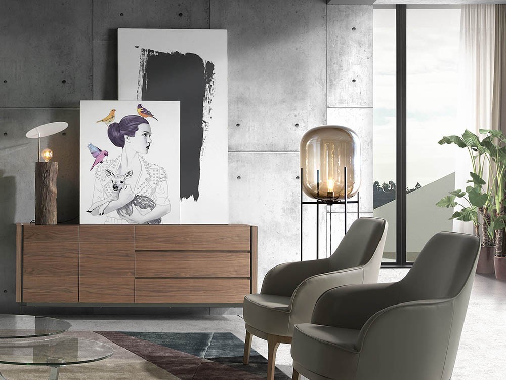 Aparador chapado en nogal con laterales de cristal templado 3086 de Ángel Cerdá en Mobel 6000