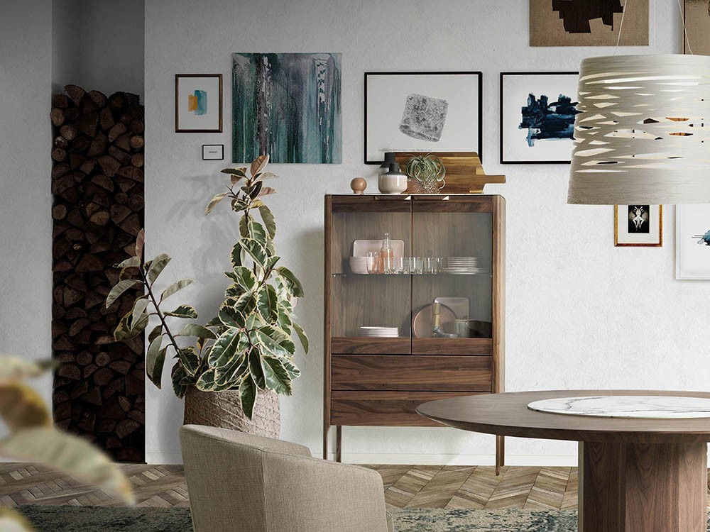 Vitrina chapada en nogal con tapa cerámica, puertas de cristal ahumado y dos cajones 3075 de Ángel Cerdá