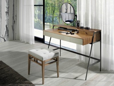 Taburete acolchado con estructura de madera chapa nogal tapizada en textil 5027 de Ángel Cerdá