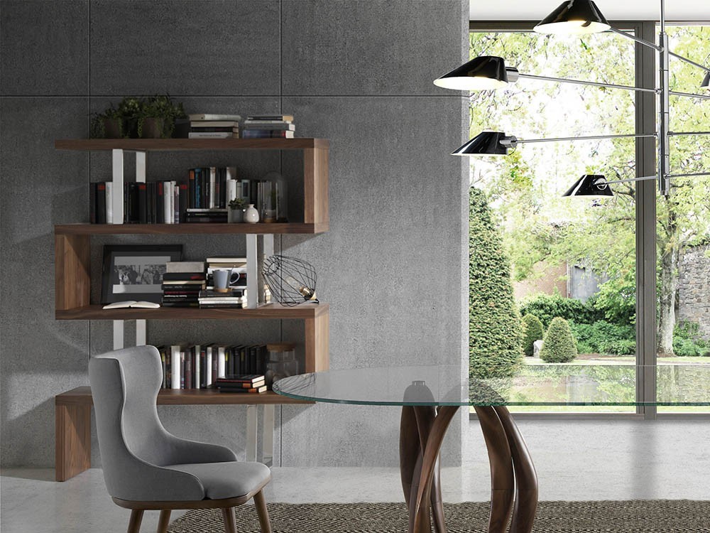 Librería abierta chapada en nogal con estructura de acero cromado 3079 Harmony de Ángel Cerdá en Mobel 6000