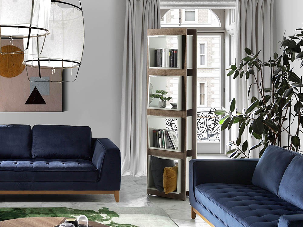 Estantería chapada en nogal con cubos lacados en gris perla 3027 de Ángel Cerdá