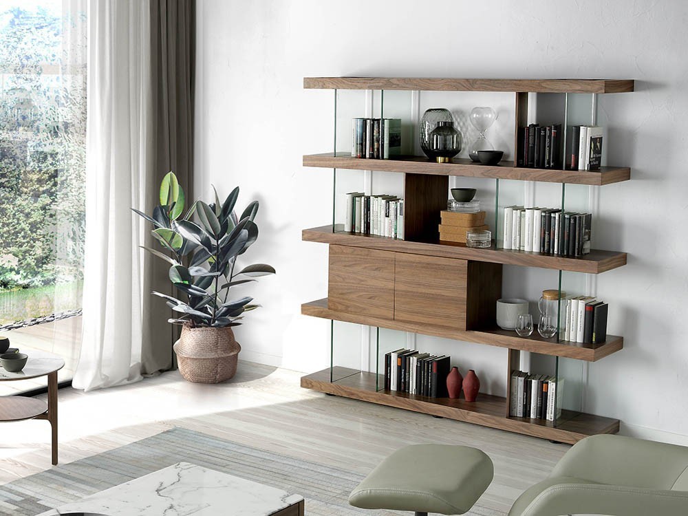 Librería chapada en nogal combinada con cristal templado 3072 Ángel Cerdá Harmony en Mobel 6000