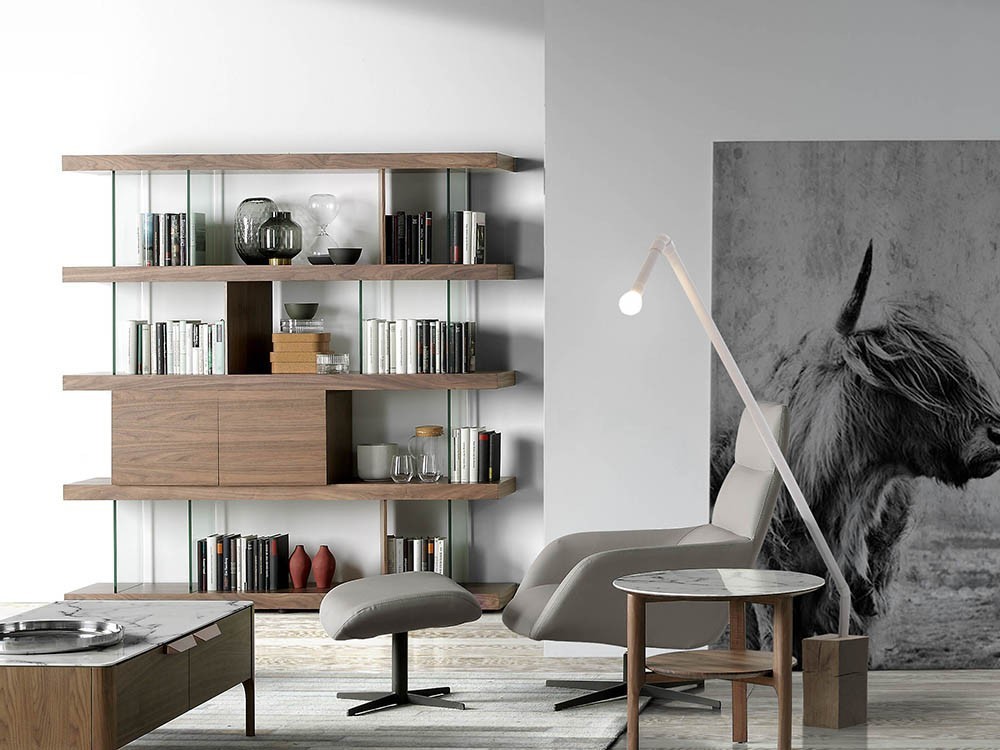 Librería chapada en nogal combinada con cristal templado 3072 Ángel Cerdá Harmony en Mobel 6000