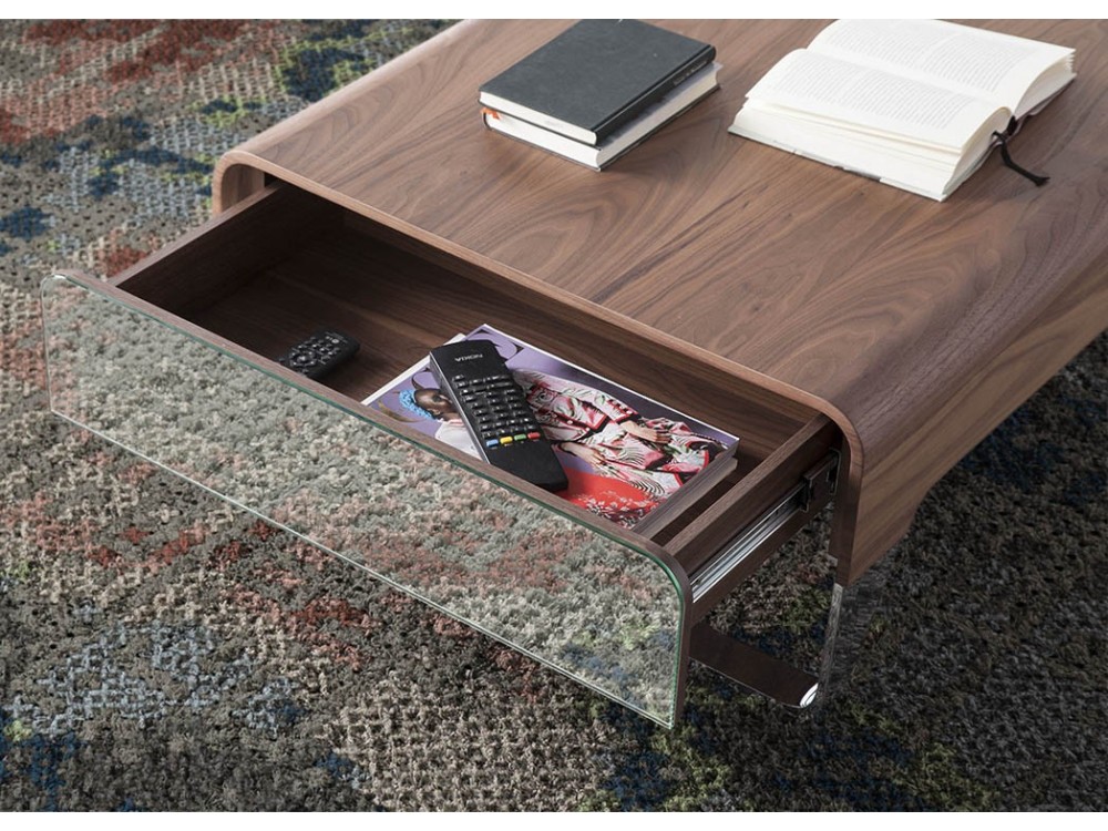 Mesa de centro con base de acero cromado y estructura con dos cajones chapada en nogal 2001 de Ángel Cerdá