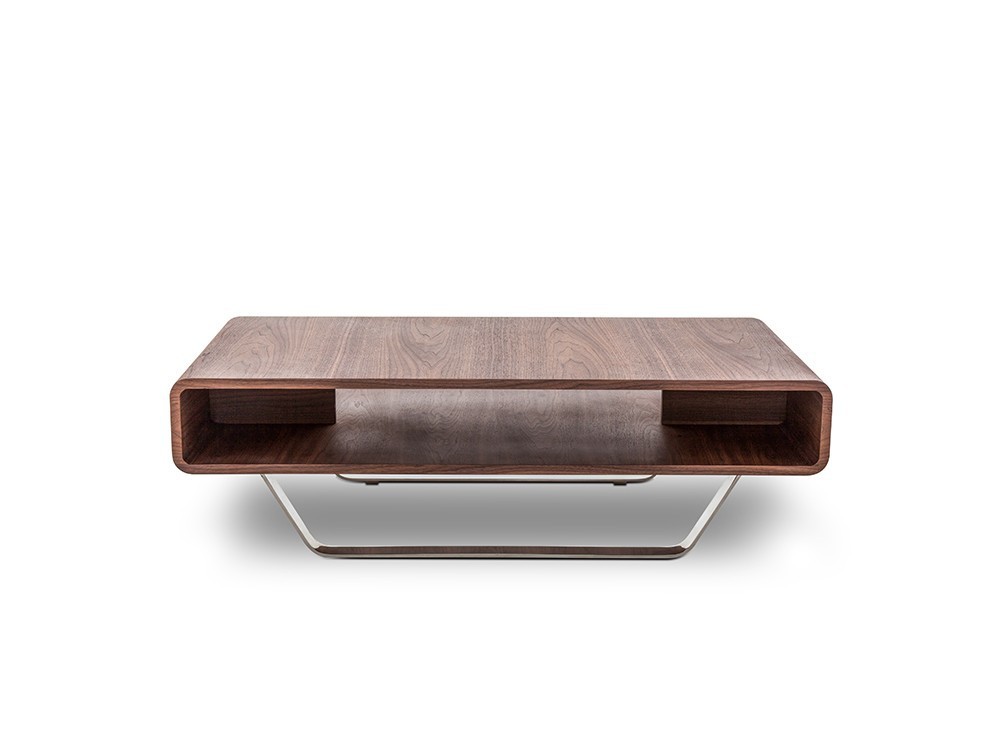 Mesa de centro con base de acero cromado y estructura chapada en nogal natural 2002 Harmony de Ángel Cerdá