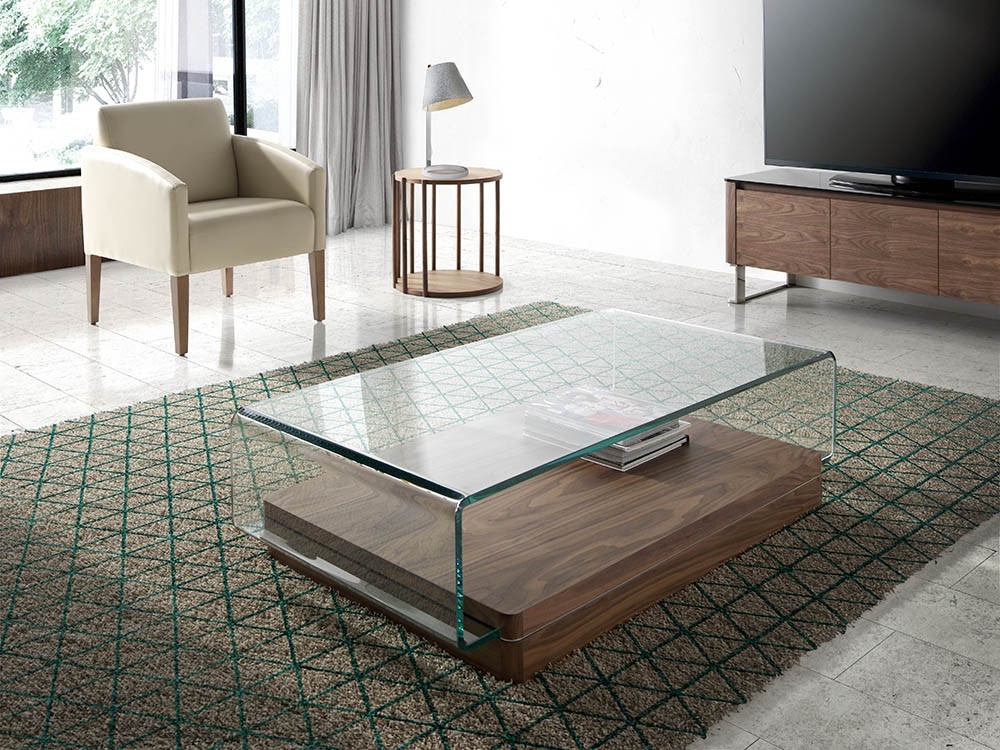 Mesa de centro con base chapada en nogal y sobre de cristal templado curvado 2004 Harmony de Ángel Cerdá