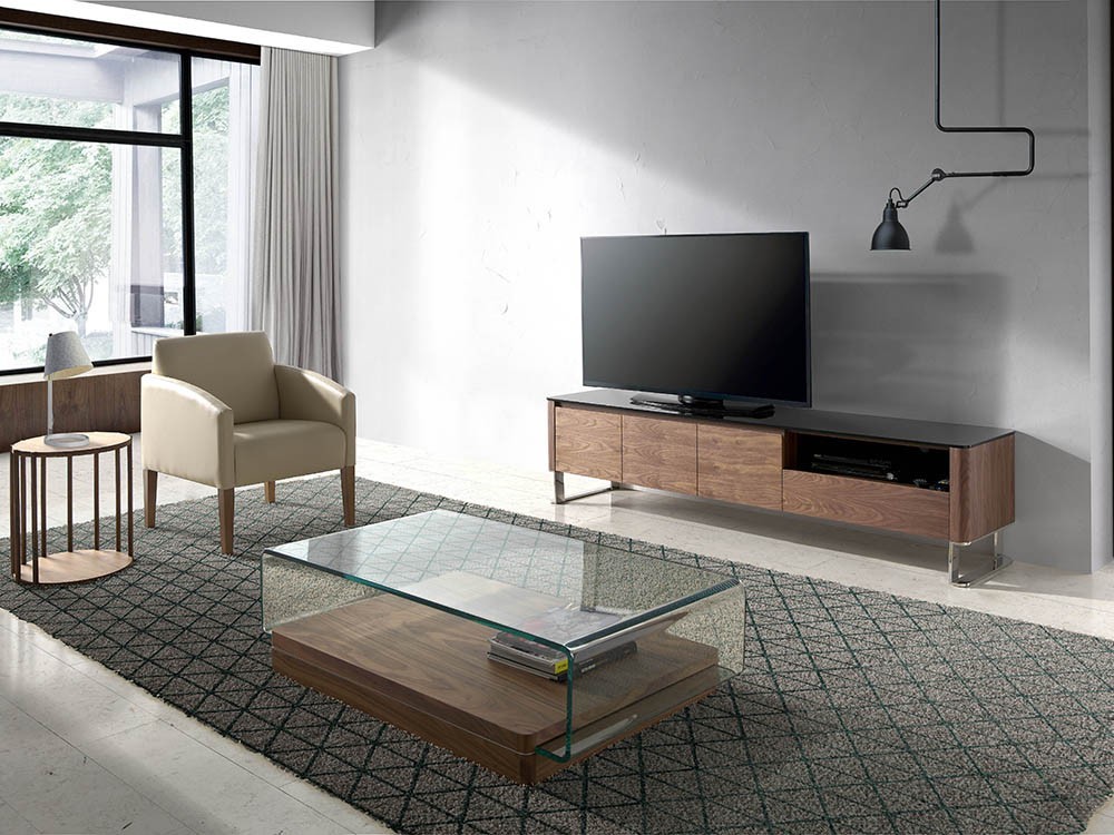 Mesa de centro con base chapada en nogal y sobre de cristal templado curvado 2004 Harmony de Ángel Cerdá