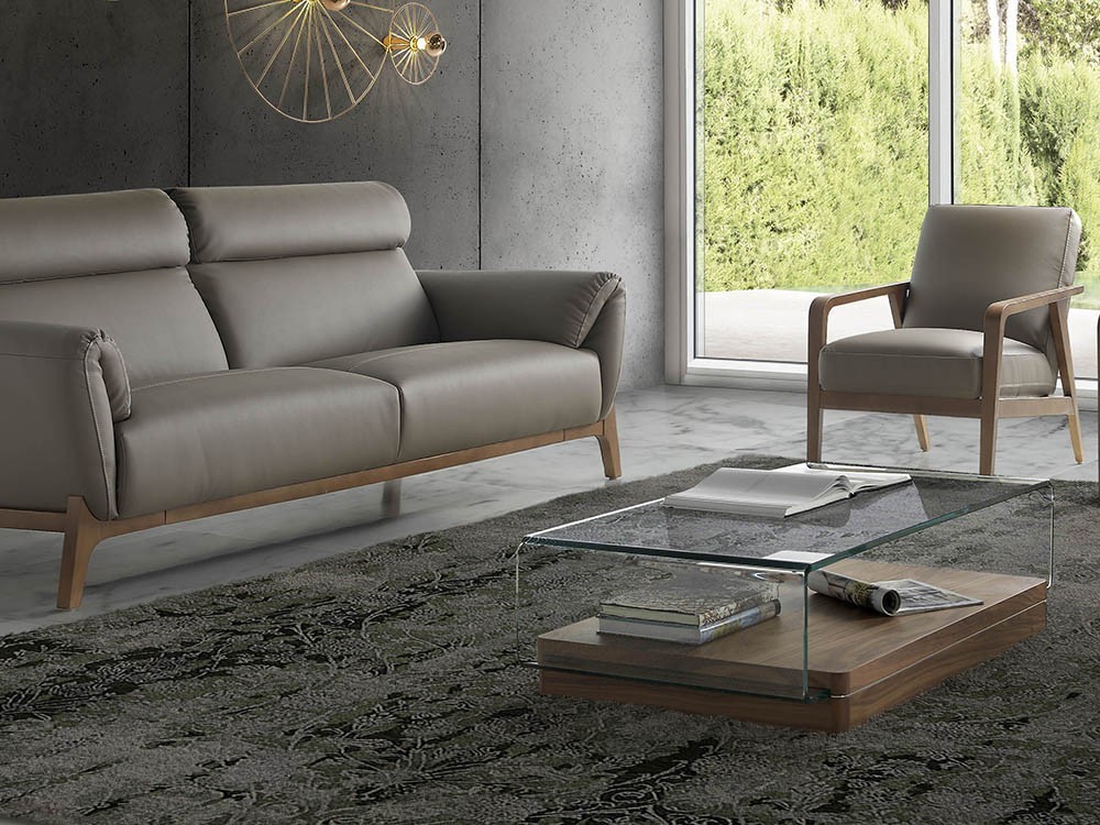 Mesa de centro con base chapada en nogal y sobre de cristal templado curvado 2004 Harmony de Ángel Cerdá