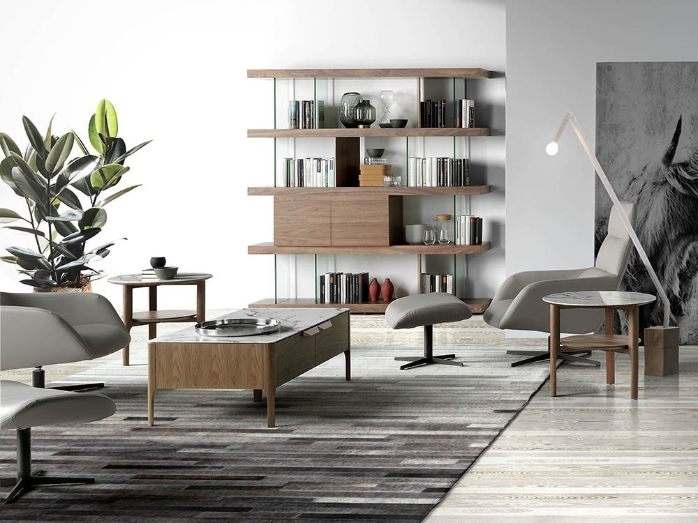 Mesa de centro chapada en nogal con tapa de mármol porcelánico 2046 de Ángel Cerdá en Mobel 6000