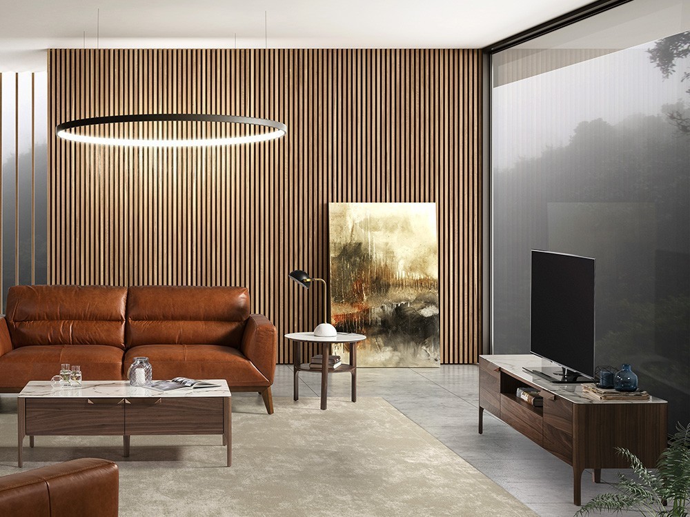 Mesa de centro chapada en nogal con tapa de mármol porcelánico 2046 de Ángel Cerdá en Mobel 6000