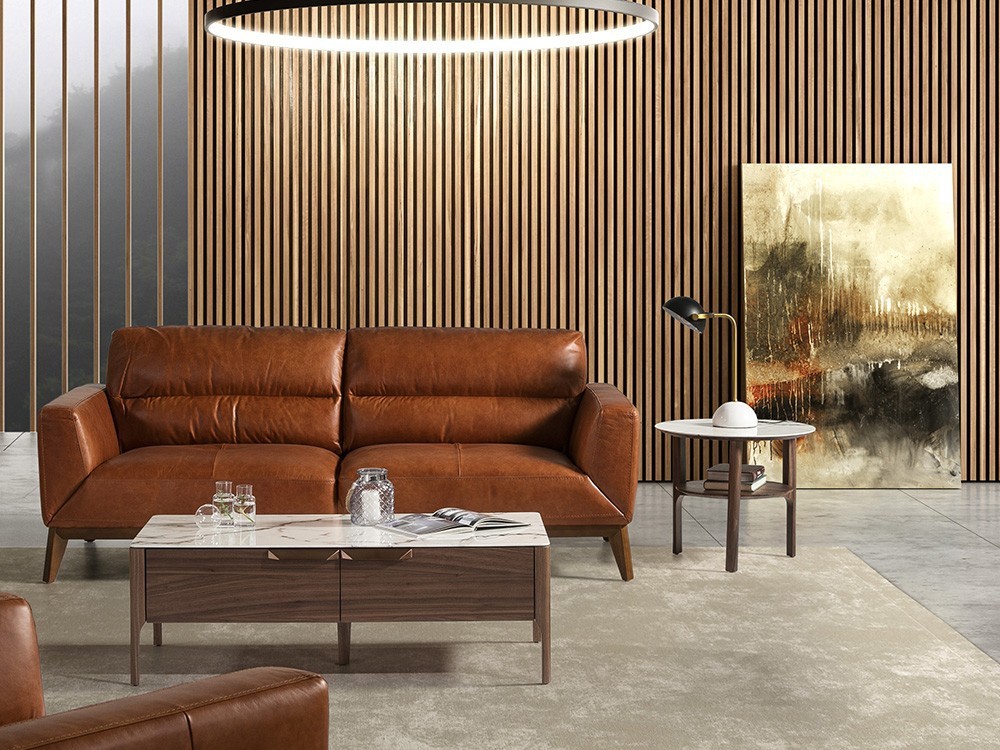 Mesa auxiliar redonda chapada en nogal con tapa de mármol porcelánico 2047 de Ángel Cerdá