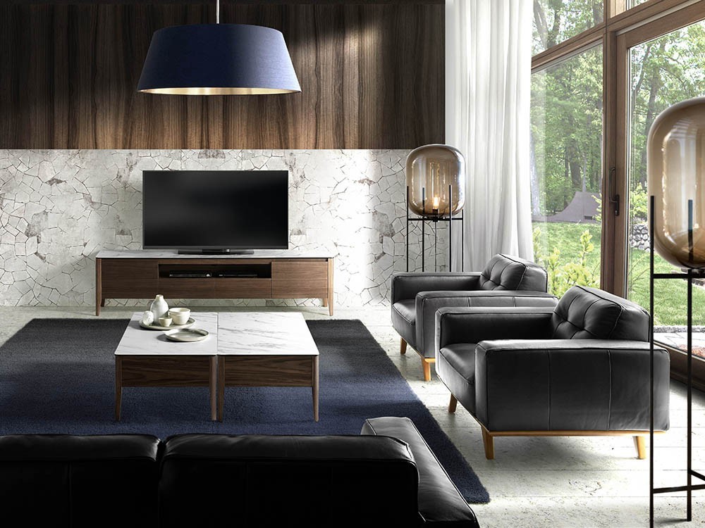 Mesa de centro chapada en nogal con tapa de mármol porcelánico 2049 de Ángel Cerdá en Mobel 6000