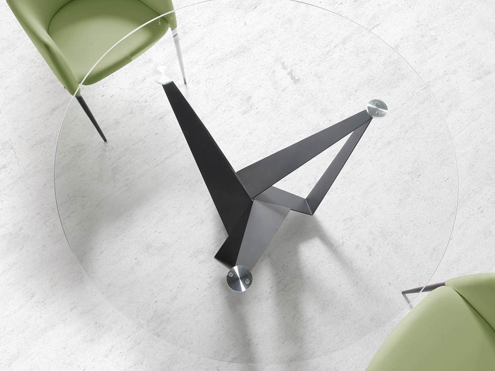 Mesa de comedor redonda con base de acero negro y sobre de cristal templado en varias medidas 1045