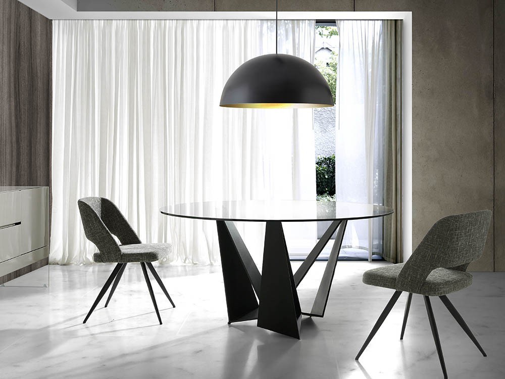 Mesa de comedor redonda con base de acero negro y sobre de cristal templado en varias medidas 1045