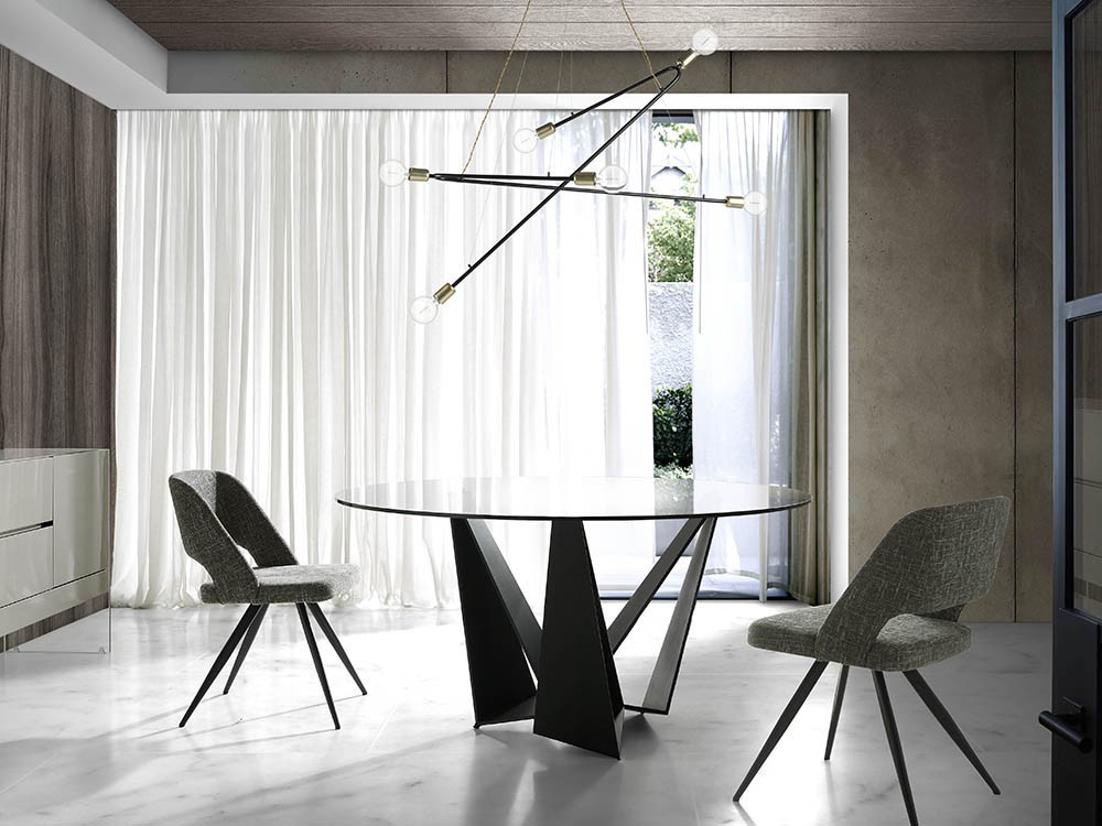 Mesa de comedor redonda con base de acero negro y sobre de cristal templado en varias medidas 1045