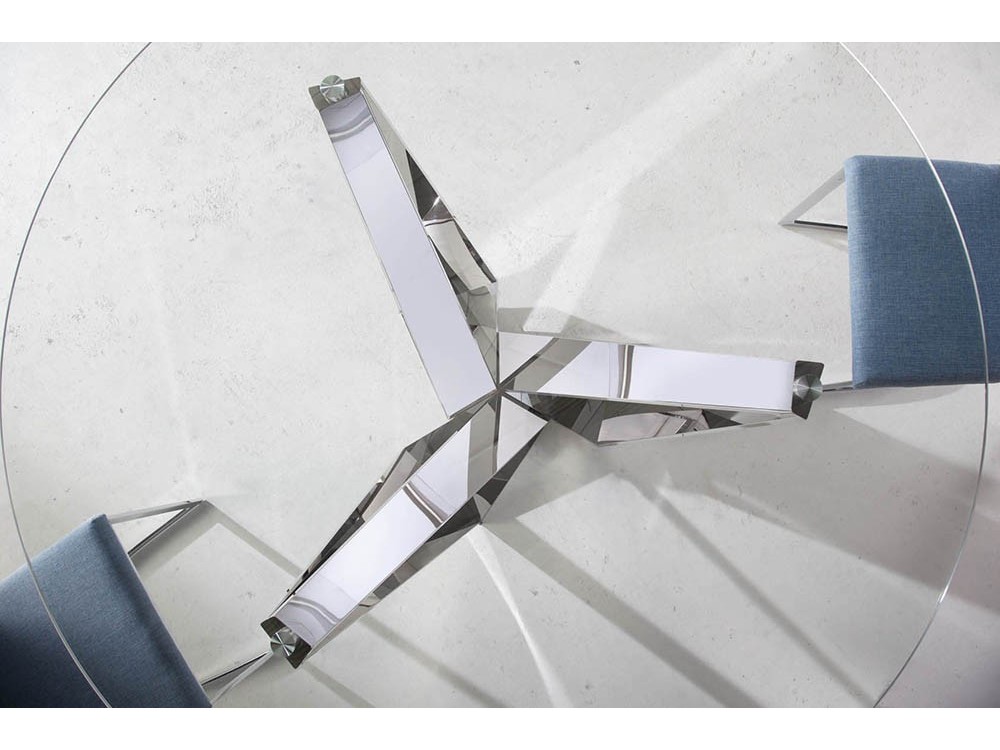 Mesa redonda de comedor con base de acero cromado y sobre en chapa de nogal o cristal templado 1042 de Ángel Cerdá