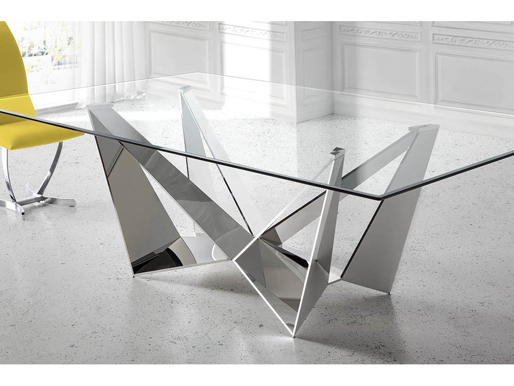 Mesa fija de comedor con base de acero cromado y sobre de cristal templado 1049 de Ángel Cerdá