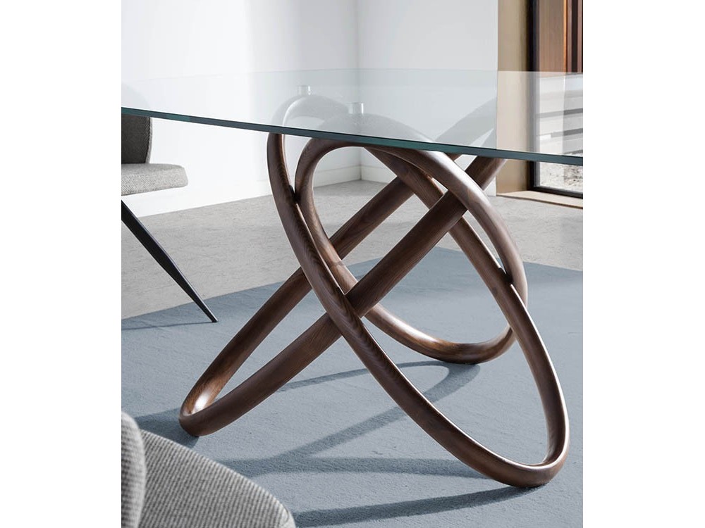 Mesa redonda de comedor con base de madera torneada y sobre de cristal templado 1020 Harmony de Ángel Cerdá
