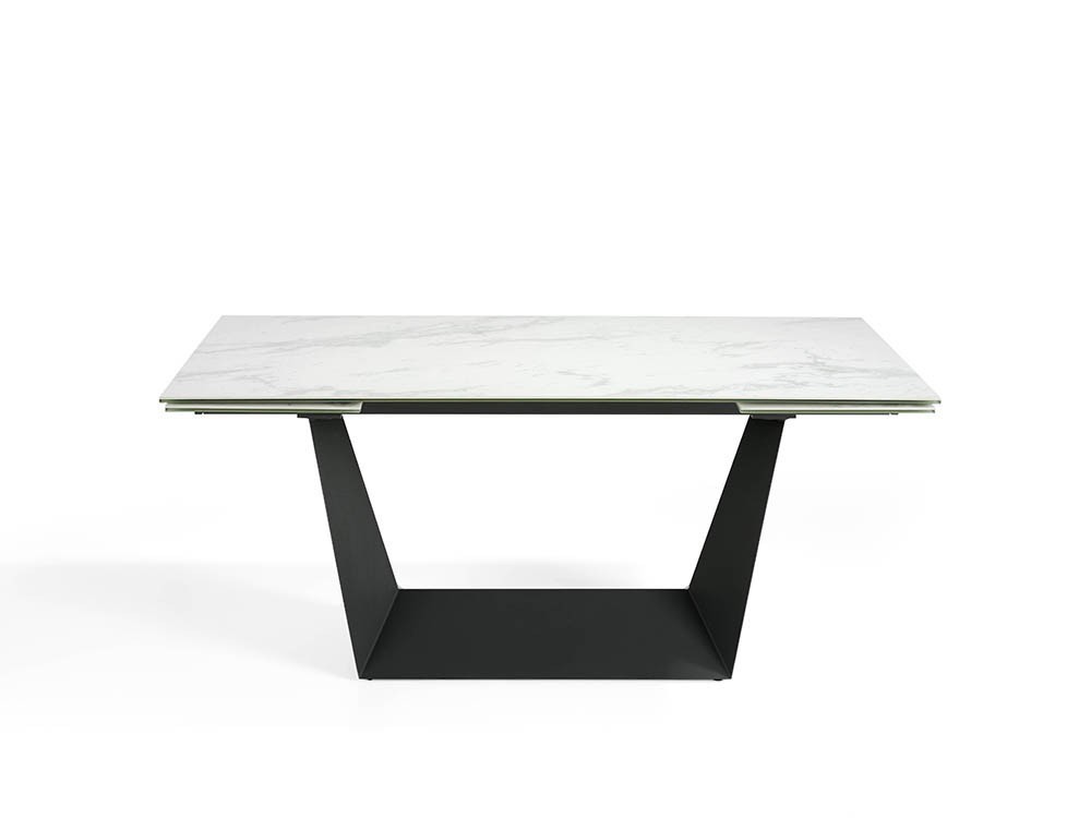 Mesa de comedor extensible con base de acero negro y sobre de mármol porcelánico blanco 1014 de Ángel Cerdá