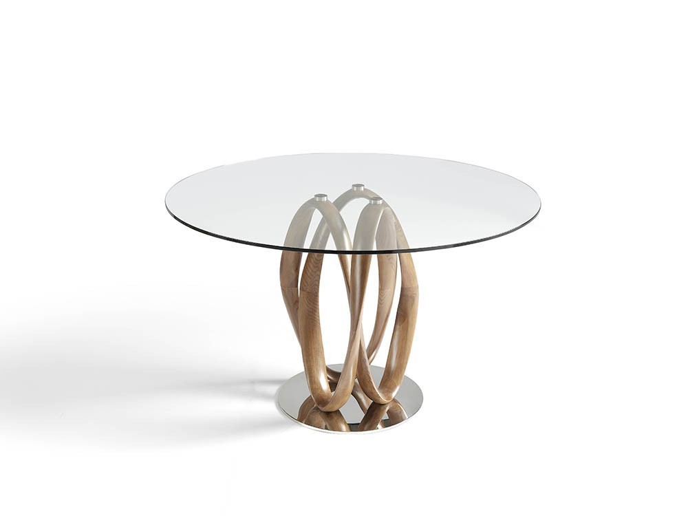 Mesa redonda de comedor con base de acero, pie de madera torneada y sobre de cristal templado 1021 de Ángel Cerdá