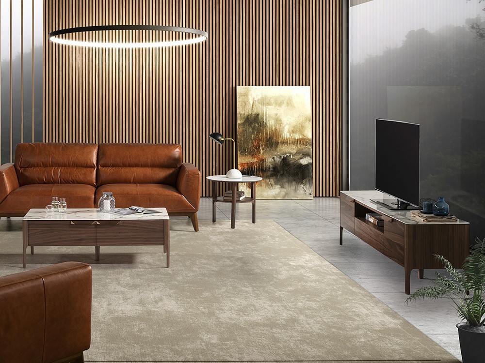 Mueble de televisión chapado en nogal con tapa de mármol porcelánico 3078 Ángel Cerdá Harmony