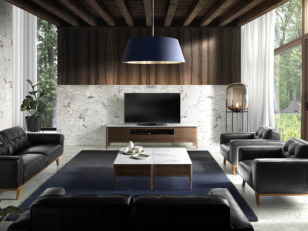 Mueble de televisión chapado en nogal con tapa de mármol porcelánico 3083 Ángel Cerdá Harmony