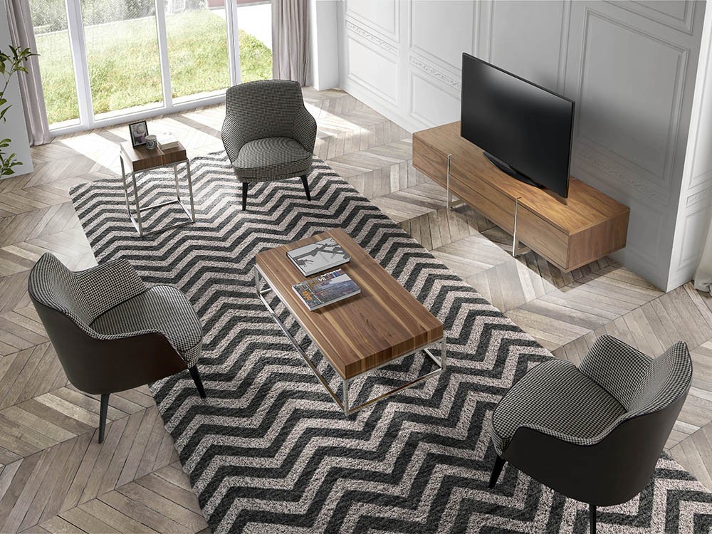 butaca tapizada en textil pata de gallo y polipiel marrón oscuro con pies de acero negro 5011 Harmony de Ángel Cerdá